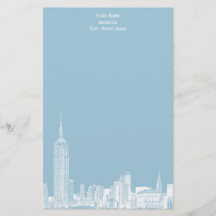 White NYC Skyline Etch 01 Stationery Lt Blue BG