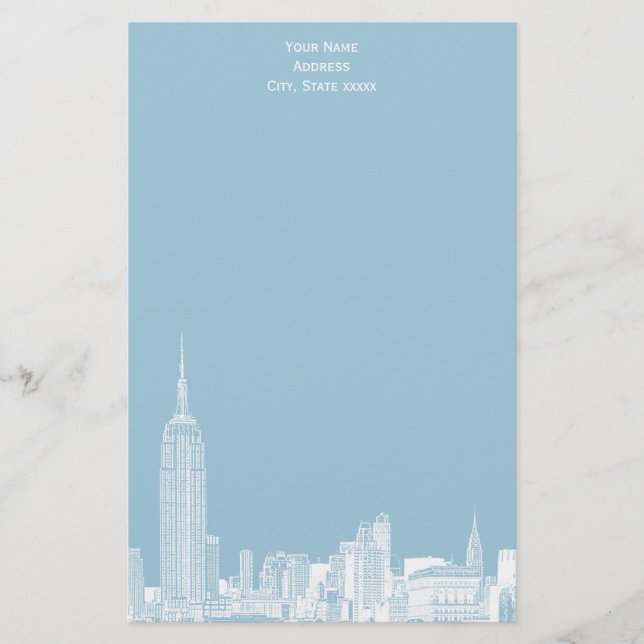White NYC Skyline Etch 01 Stationery Lt Blue BG (Front)