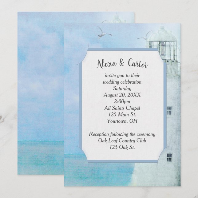 White Ocean Lighthouse Wedding Invitation (Front/Back)