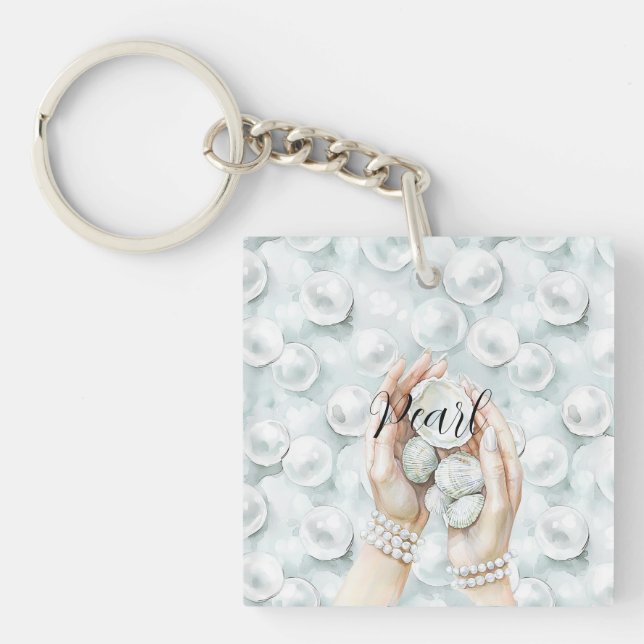 White Ocean Seafoam Blue Shells Pearls Key Ring (Front)