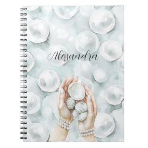 White Ocean Seafoam Blue Shells Pearls Notebook