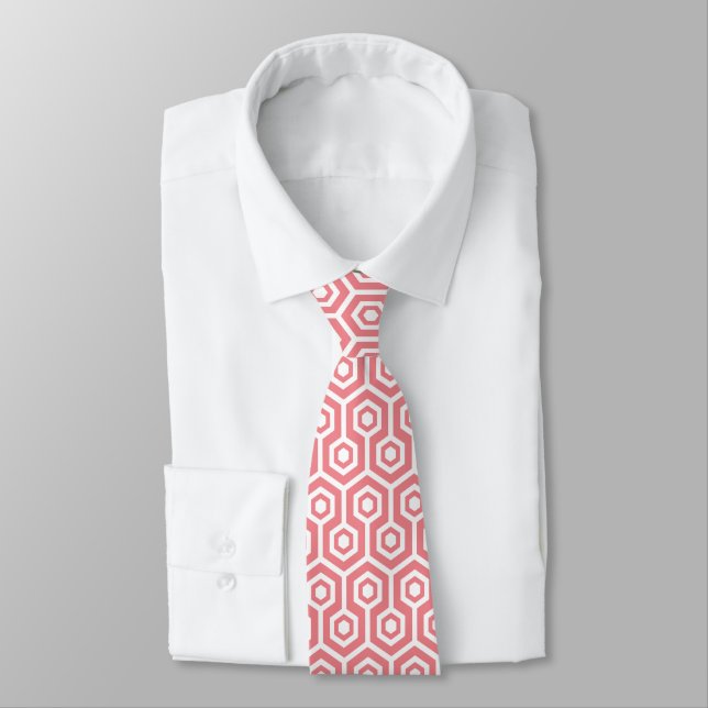 White Octagonal Pattern On Custom Pink Background Tie (Tied)