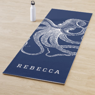 White Octopus Illustration On Navy Blue Yoga Mat