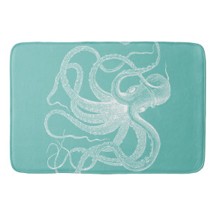 White octopus nautical illustration on blue-green bath mat