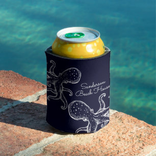 White Octopus navy blue nautical Can Cooler