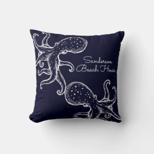 White Octopus navy blue nautical Outdoor Pillow