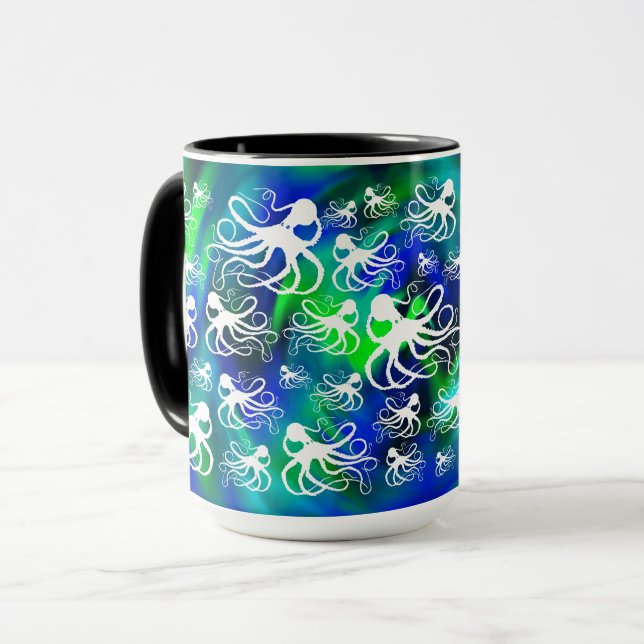White Octopus On Blue Green - 15 oz. Combo Mug (Front Left)