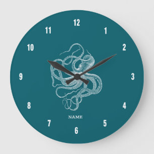 White octopus on custom turquoise background monog large clock