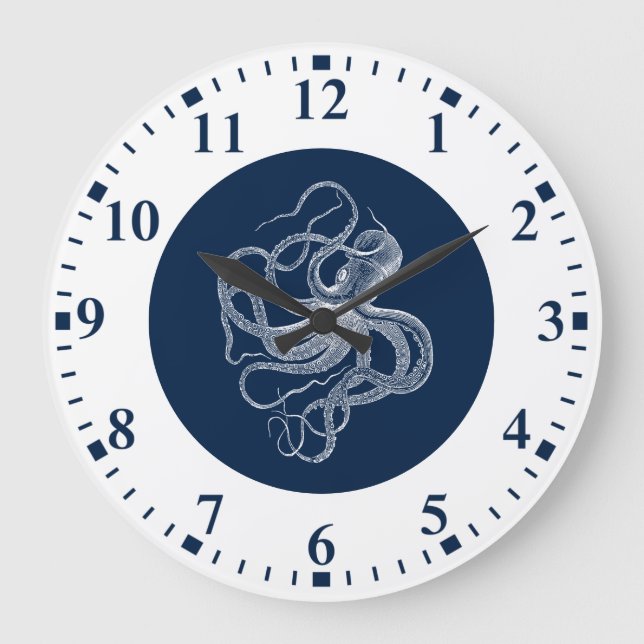 White octopus on dark blue large clock (Front)