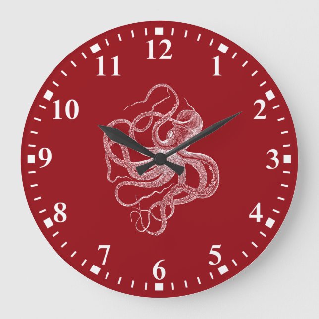 White octopus on dark red large clock (Front)