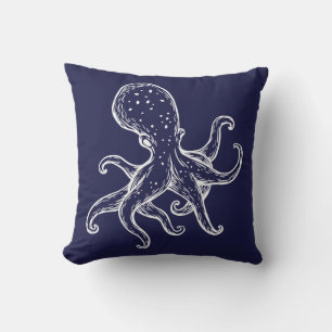 White Octopus  on navy ocean blue nautical Cushion