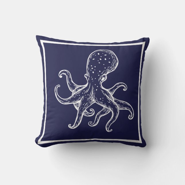 White Octopus  on navy ocean blue nautical Cushion (Front)