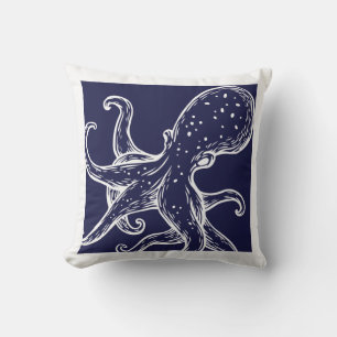 White Octopus  on navy ocean blue nautical Cushion