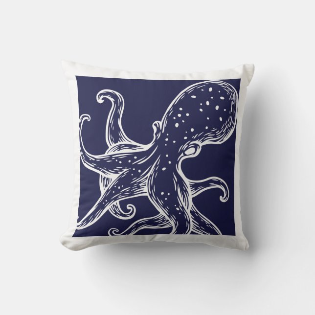 White Octopus  on navy ocean blue nautical Cushion (Front)