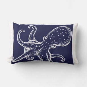 White Octopus  on navy ocean blue nautical Lumbar Cushion