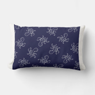 White Octopus  on navy ocean blue nautical Lumbar Cushion