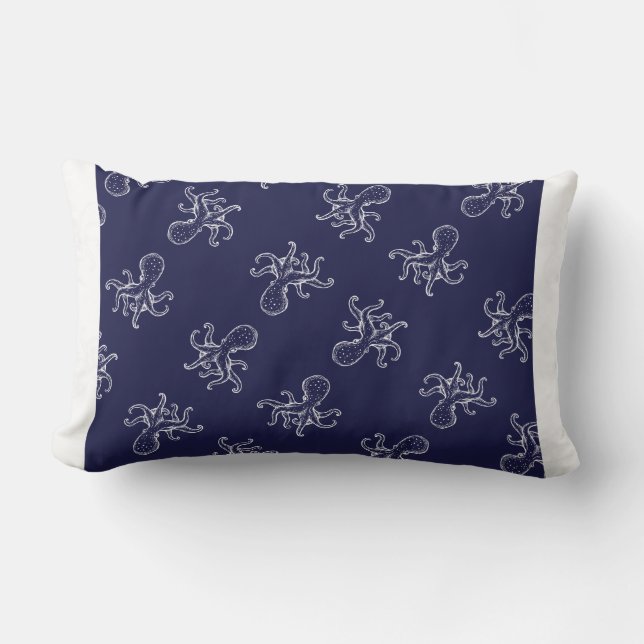 White Octopus  on navy ocean blue nautical Lumbar Cushion (Front)
