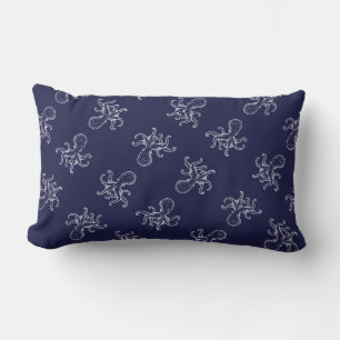 White Octopus  on navy ocean blue nautical Lumbar Cushion