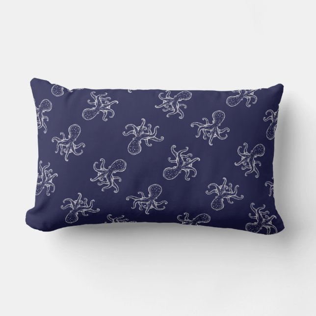 White Octopus  on navy ocean blue nautical Lumbar Cushion (Front)