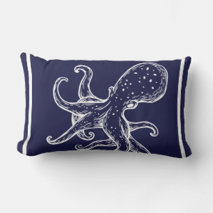 White Octopus on navy ocean blue nautical Outdoor Lumbar Cushion