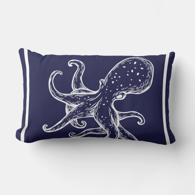 White Octopus  on navy ocean blue nautical Outdoor Lumbar Cushion (Front)
