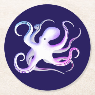 White Octopus Round Paper Coaster