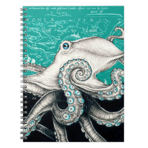 White Octopus Vintage Map Teal Notebook