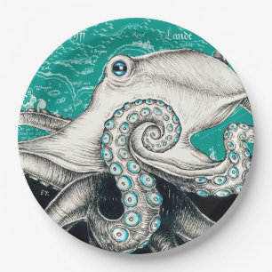White Octopus Vintage Map Teal Paper Plate