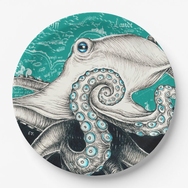 White Octopus Vintage Map Teal Paper Plate (Front)
