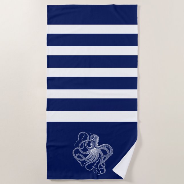 White octopus with blue and white stripes beach towel (Front)