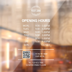 White Office Opening Time, Business Logo, QR Code Window Cling