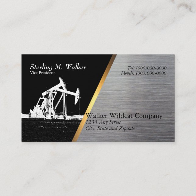 White Oil Pumping Unit Silhouette (Metal Look) Business Card (Front)