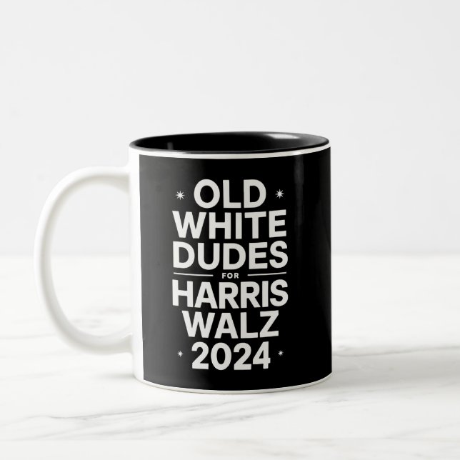 White Old Dudes for Harris Walz Democratic Politic Two-Tone Coffee Mug (Left)