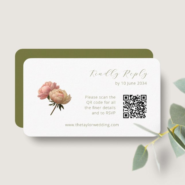 White & Olive | Chic Rose Wedding RSVP QR Code  Enclosure Card (Creator Uploaded)