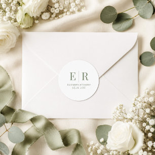 White & Olive Minimalist Monogram Wedding  Classic Round Sticker