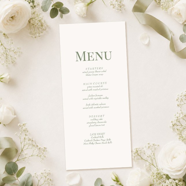 White & Olive Minimalist Monogram Wedding Menu (White & Olive Minimalist Monogram Wedding Menu on a table with white flowers )