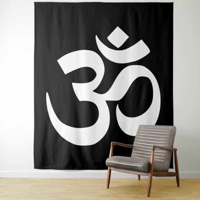 White Om Symbol on Black Tapestry (In Situ)