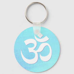 White OM Symbol Turquoise Blue Shimmery Look Key Ring
