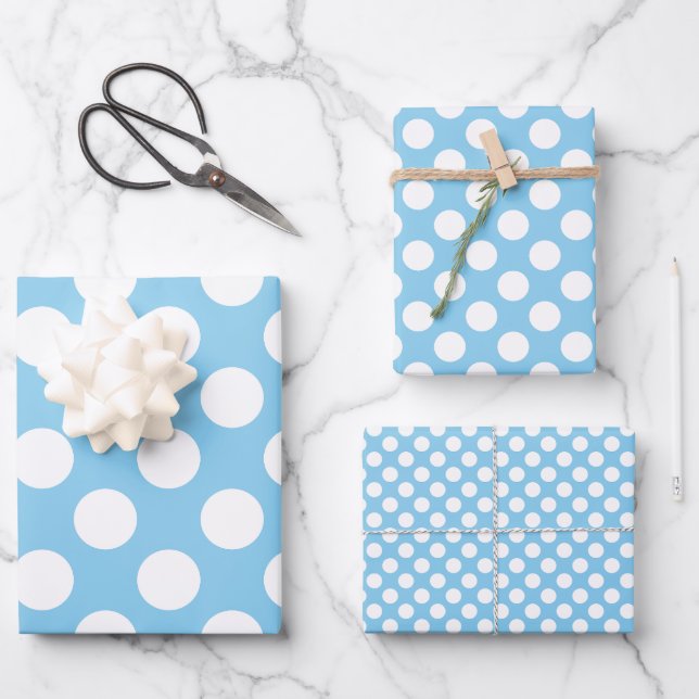 White on Baby Blue Different Sizes Polka Dots Wrapping Paper Sheet (Front)