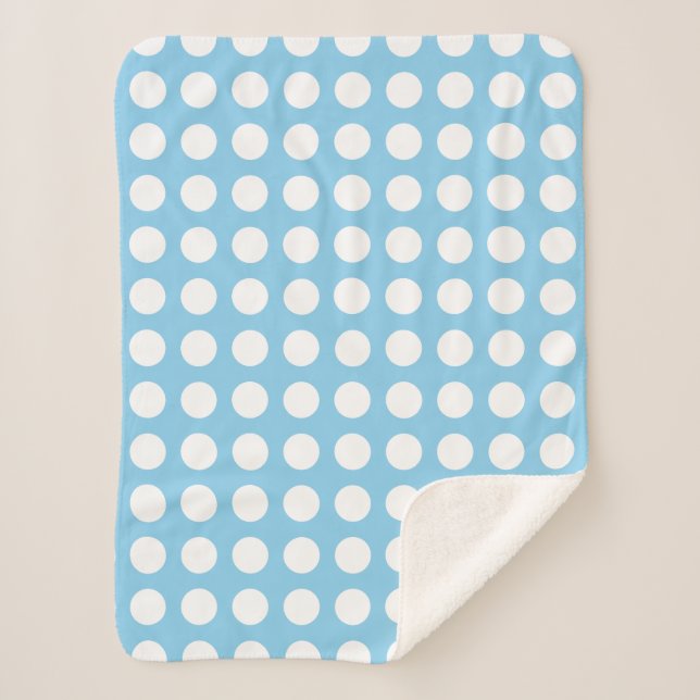 White on Baby Blue Large Horizontal Polka Dots Sherpa Blanket (Front)
