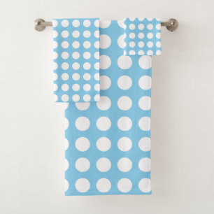 White on Baby Blue Large Size Horiz. Polka Dots Bath Towel Set
