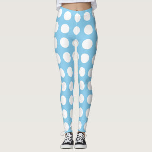 White on Baby Blue Large Size Horiz. Polka Dots Leggings