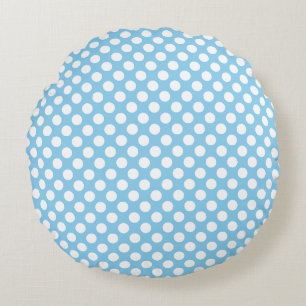 White on Baby Blue Medium Size Polka Dots Round Cushion
