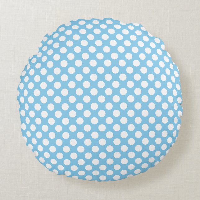 White on Baby Blue Medium Size Polka Dots Round Cushion (Front)