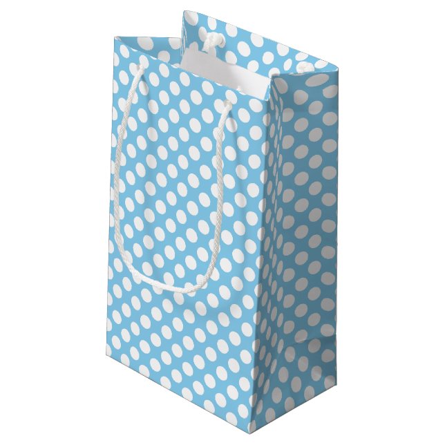White on Baby Blue Medium Size Polka Dots Small Gift Bag (Back Angled)