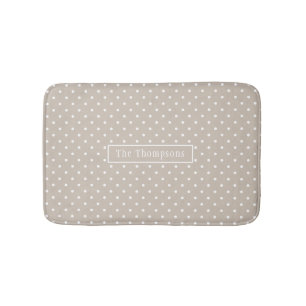 White On Beige Polka Dots Pattern With Custom Name Bath Mat