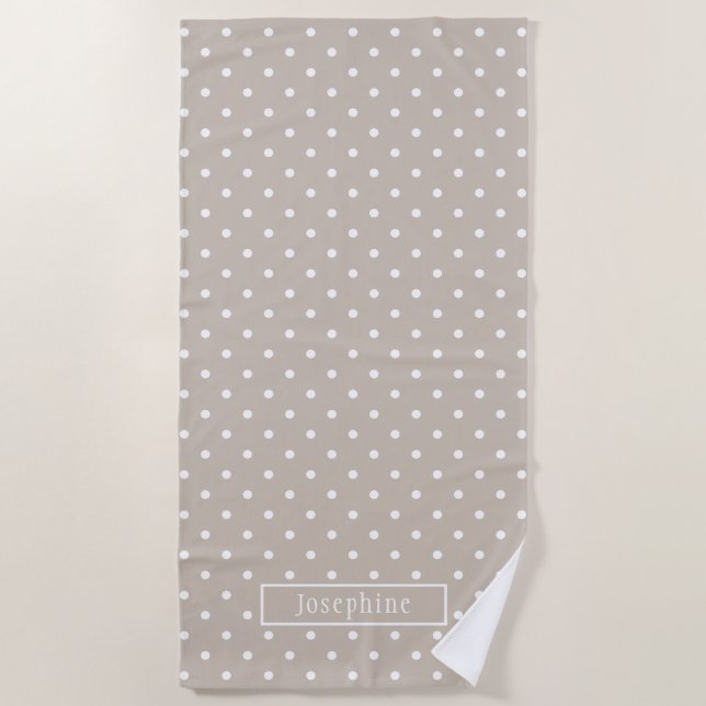 White On Beige Polka Dots Pattern With Custom Name Beach Towel (Front)