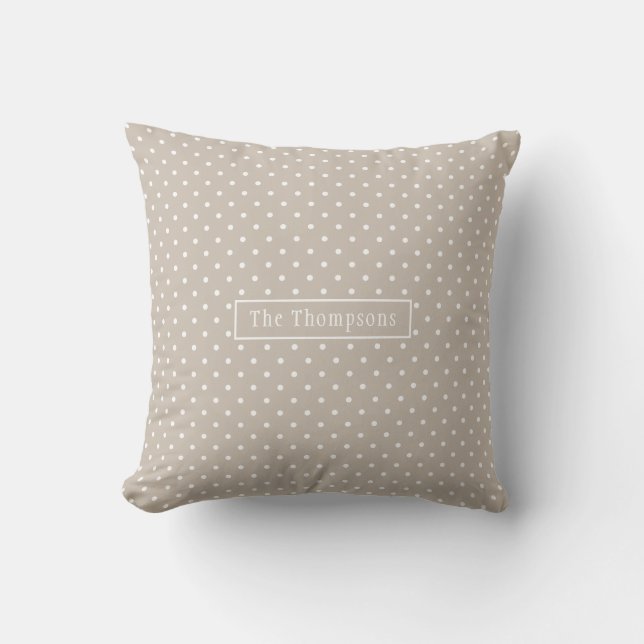 White On Beige Polka Dots Pattern With Custom Name Cushion (Front)