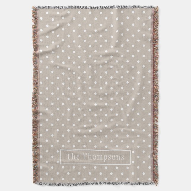 White On Beige Polka Dots Pattern With Custom Name Throw Blanket (Front Vertical)