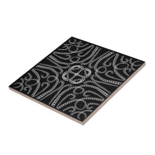 White On Black Chain Linked Repeating Pattern Art Tile